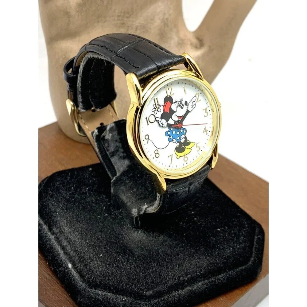 Disney Women's Watch Minnie Mouse WDS000410 Quartz Gold 35mm Black Leather Strap